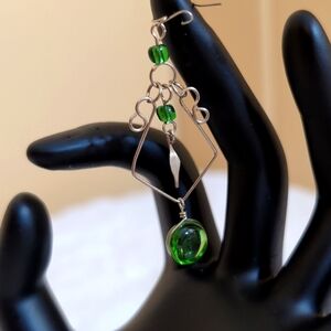 NWOT Green Emerald Coloured Glass Bohemian Silver Chandelier Earrings